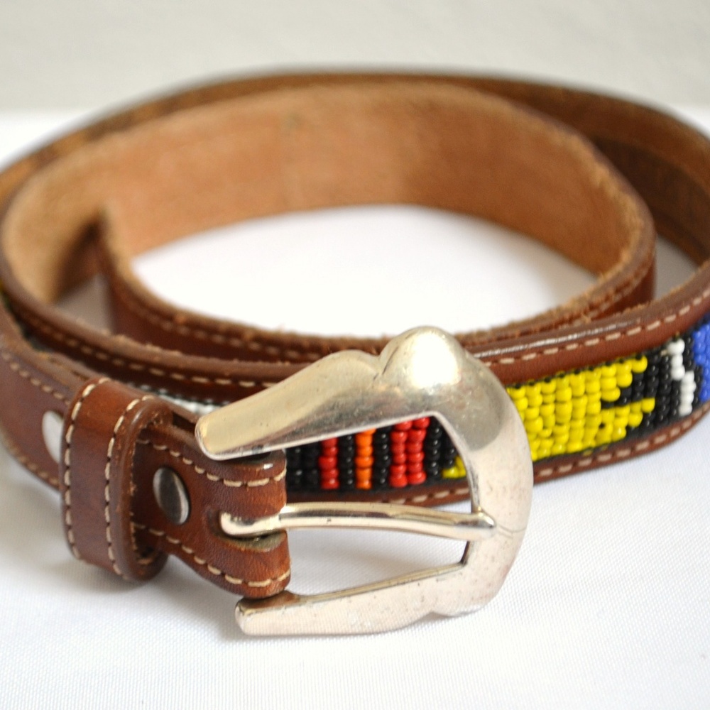 Vintage Land's End Beaded Leather Belt size 28